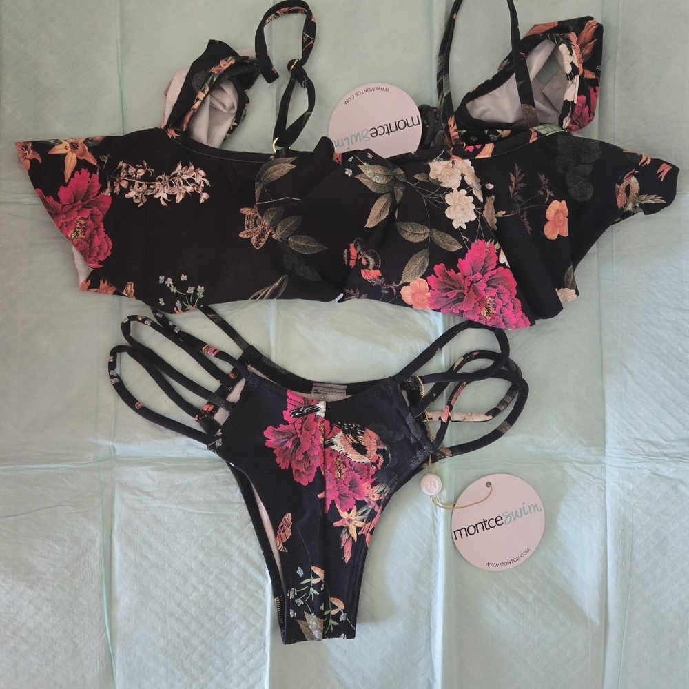 Black Floral Ruffle Bikini